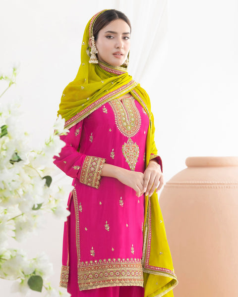 Pink Chinnon Silk Dabka Work Women Readymade Farasi Salwar Suit