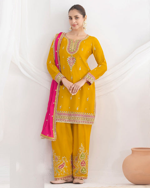 Yellow Chinnon Silk Dabka Work Women Readymade Farasi Salwar Suit