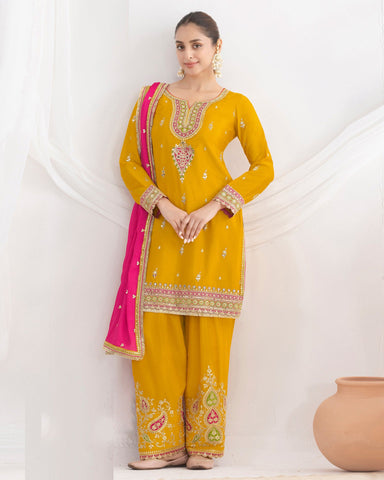 Yellow Chinnon Silk Dabka Work Women Readymade Farasi Salwar Suit