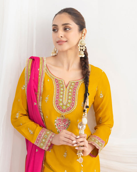 Yellow Chinnon Silk Dabka Work Women Readymade Farasi Salwar Suit