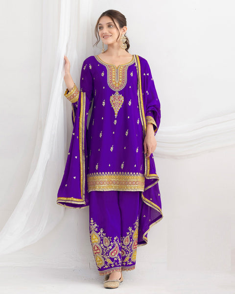Blue Chinnon Silk Dabka Work Women Readymade Farasi Salwar Suit