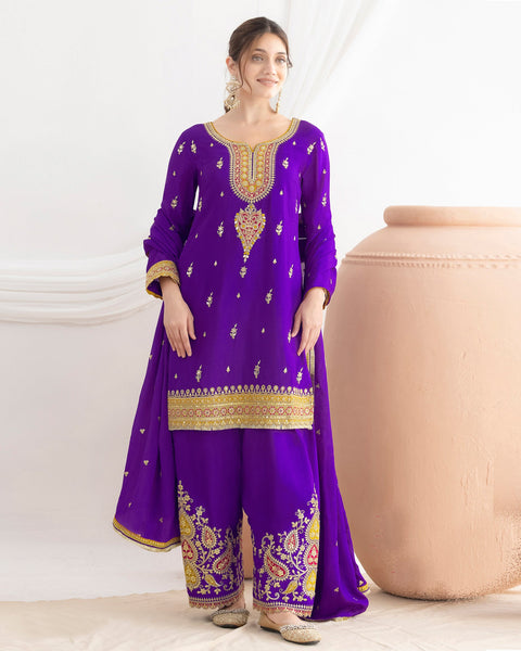 Blue Chinnon Silk Dabka Work Women Readymade Farasi Salwar Suit