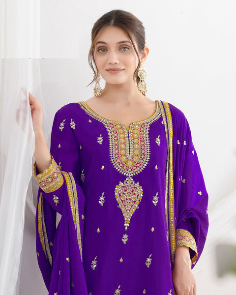 Blue Chinnon Silk Dabka Work Women Readymade Farasi Salwar Suit