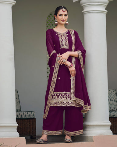 Purple Women Customized Georgette Thread & Sequins Work Salwar Suit With Purple Dupatta