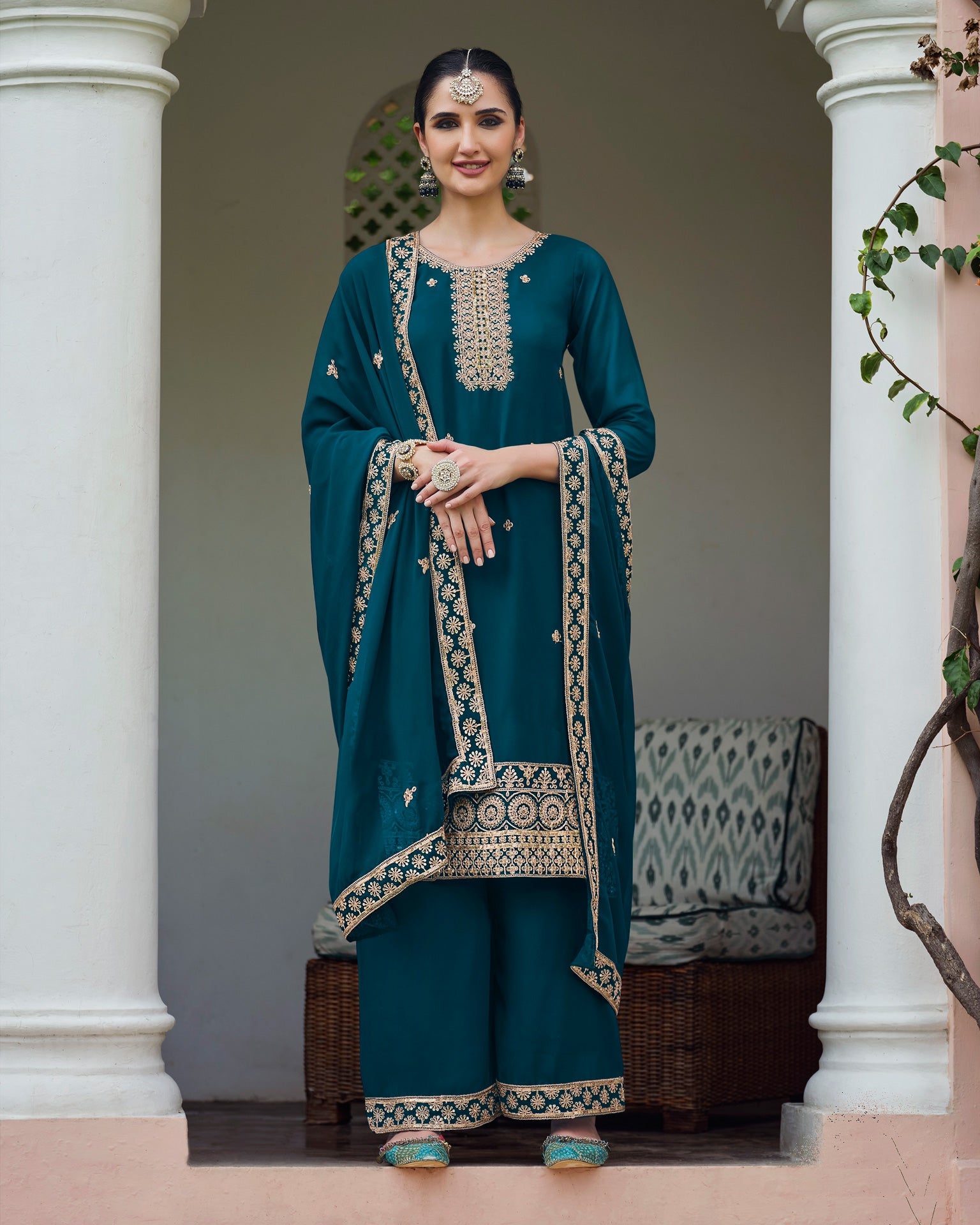 Blue Women Customized Georgette Thread & Sequins Work Salwar Suit With Blue Dupatta