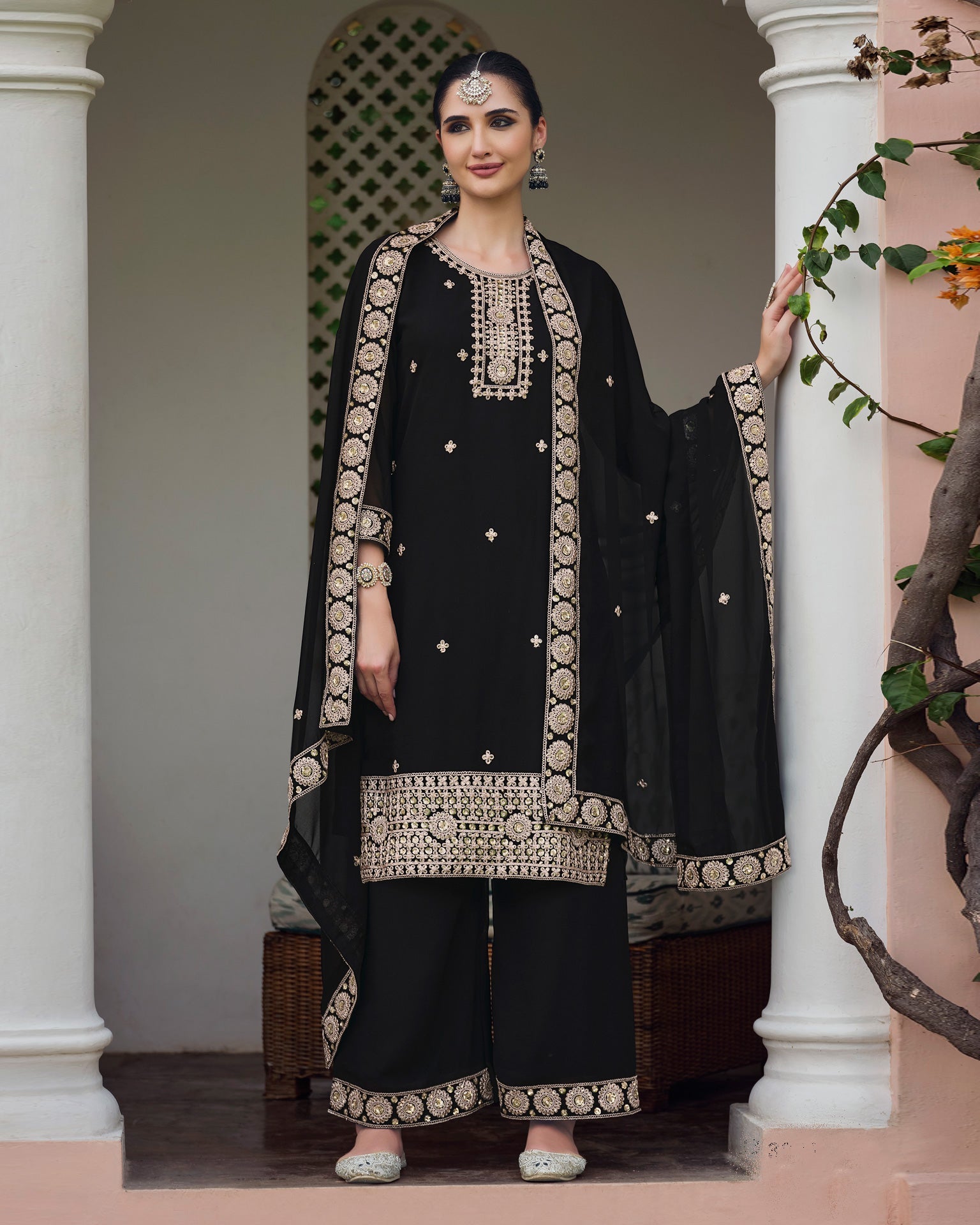 Black Women Customized Georgette Thread & Sequins Work Salwar Suit With Black Dupatta