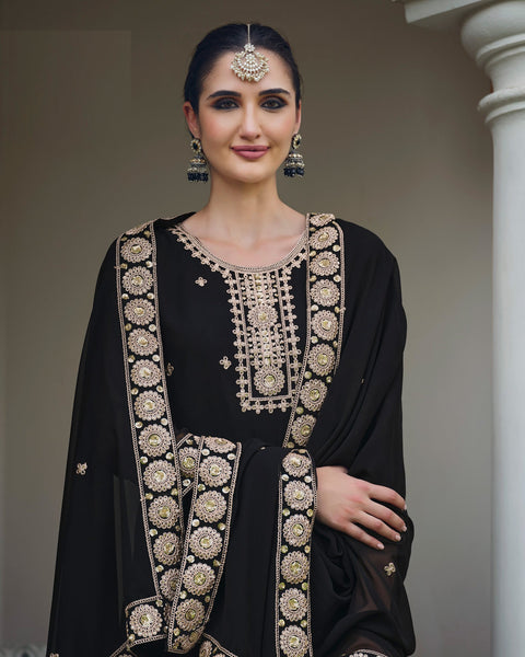 Black Women Customized Georgette Thread & Sequins Work Salwar Suit With Black Dupatta