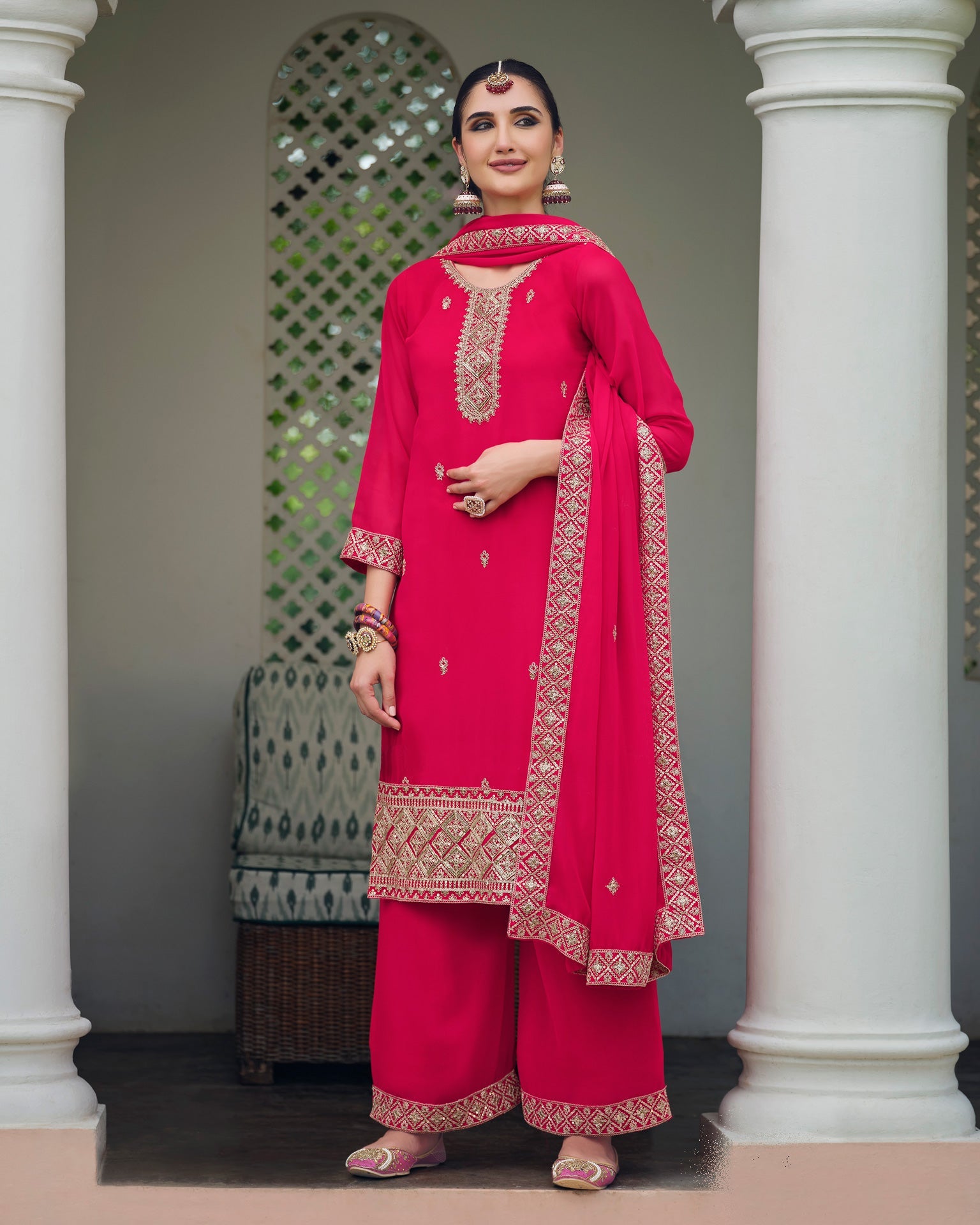 Pink Women Customized Georgette Thread & Sequins Work Salwar Suit With Pink Dupatta