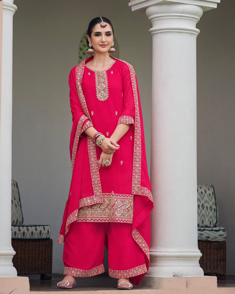 Pink Women Customized Georgette Thread & Sequins Work Salwar Suit With Pink Dupatta