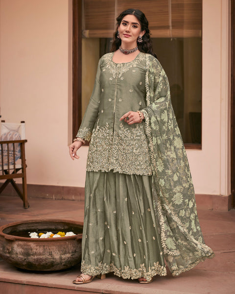 Green Moss Silk Thread Work Readymade Woman Palazzo Suit