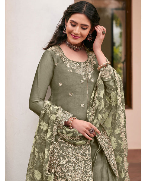 Green Moss Silk Thread Work Readymade Woman Palazzo Suit