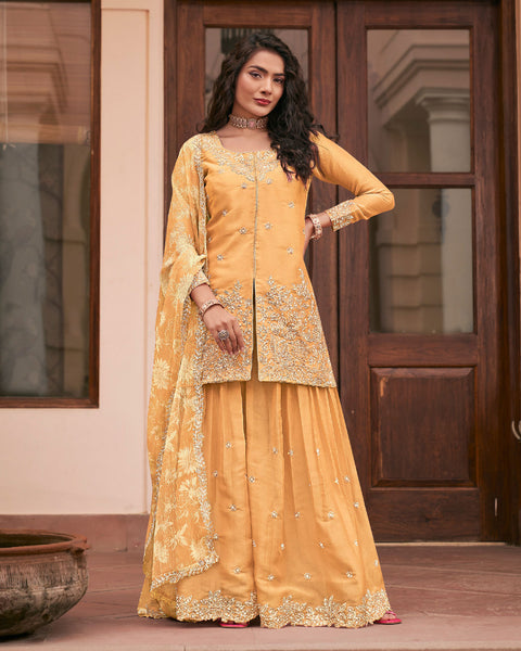 Yellow Moss Silk Thread Work Readymade Woman Palazzo Suit