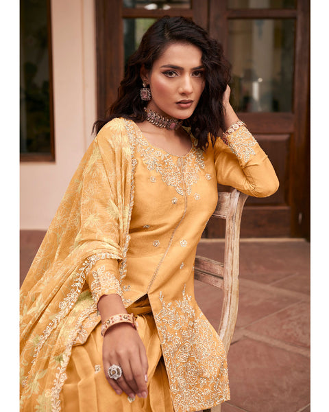 Yellow Moss Silk Thread Work Readymade Woman Palazzo Suit