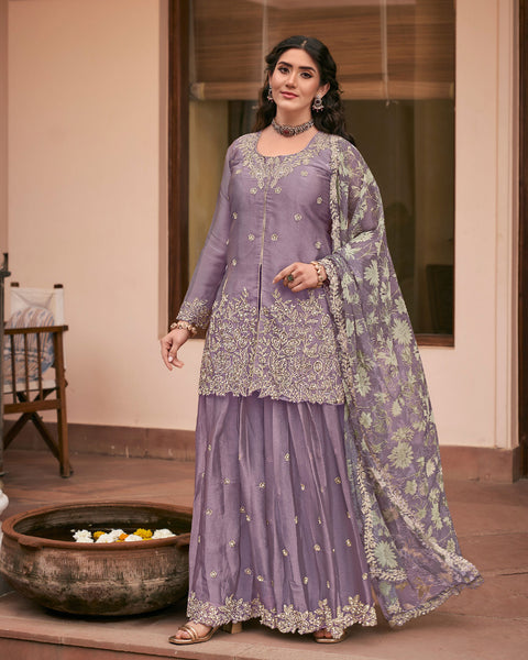 Lavender Moss Silk Thread Work Readymade Woman Palazzo Suit