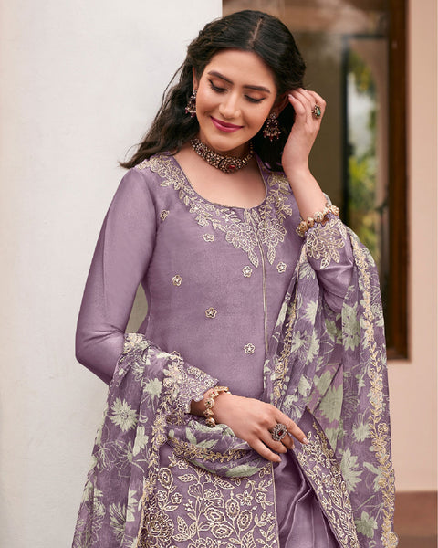 Lavender Moss Silk Thread Work Readymade Woman Palazzo Suit