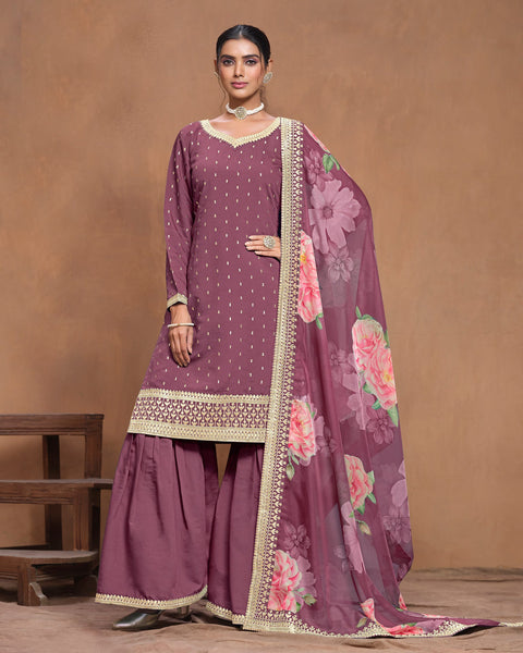 Light Wine Women Customized Roman Silk Thread & Gota Patti Work Salwar Suit With Organza Dupatta