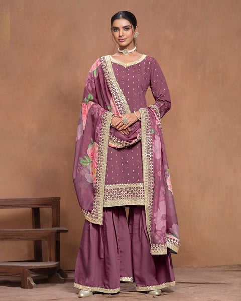 Light Wine Women Customized Roman Silk Thread & Gota Patti Work Salwar Suit With Organza Dupatta