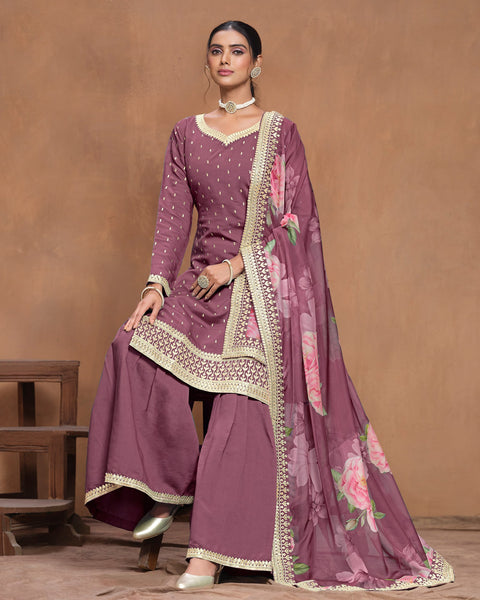 Light Wine Women Customized Roman Silk Thread & Gota Patti Work Salwar Suit With Organza Dupatta