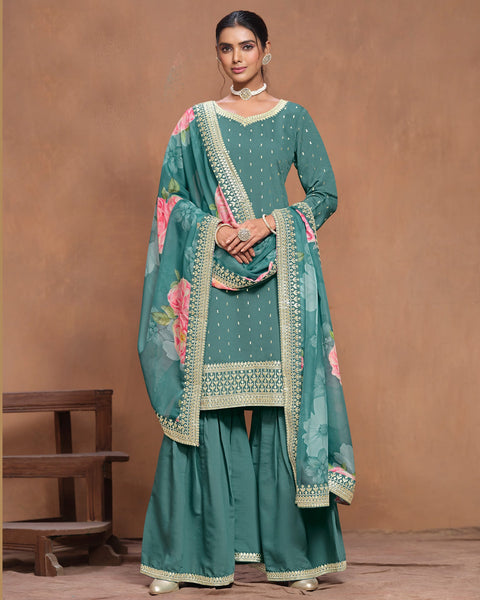 Blue Women Customized Roman Silk Thread & Gota Patti Work Salwar Suit With Organza Dupatta