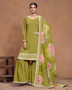 Mahendi Green Women Customized Roman Silk Thread & Gota Patti Work Salwar Suit With Organza Dupatta