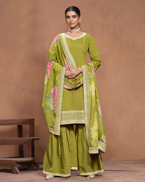 Mahendi Green Women Customized Roman Silk Thread & Gota Patti Work Salwar Suit With Organza Dupatta