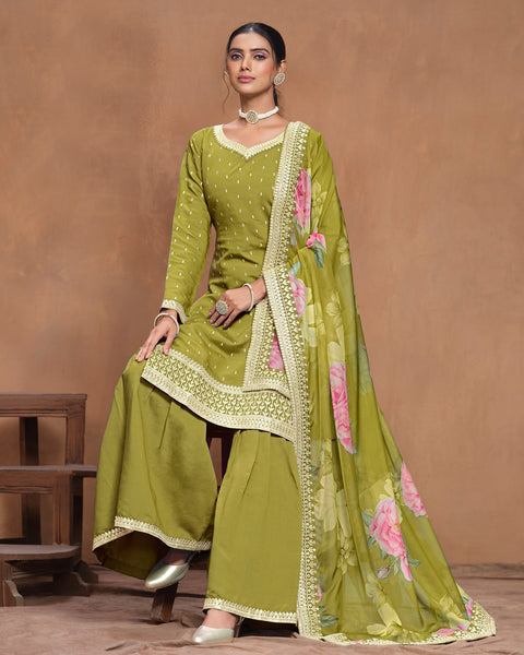 Mahendi Green Women Customized Roman Silk Thread & Gota Patti Work Salwar Suit With Organza Dupatta