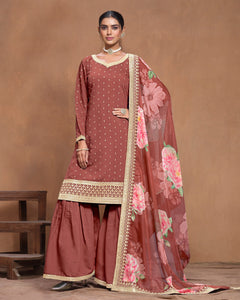 Rust Women Customized Roman Silk Thread & Gota Patti Work Salwar Suit With Organza Dupatta