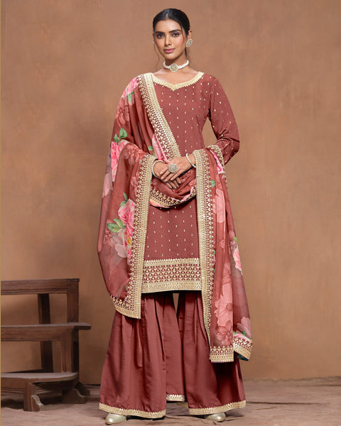 Rust Women Customized Roman Silk Thread & Gota Patti Work Salwar Suit With Organza Dupatta