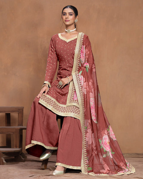 Rust Women Customized Roman Silk Thread & Gota Patti Work Salwar Suit With Organza Dupatta