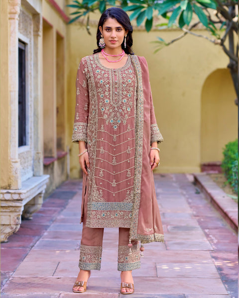 Rose Pink Chinnon Silk Women Readymade Churidar Suit With Embroidered Dupatta