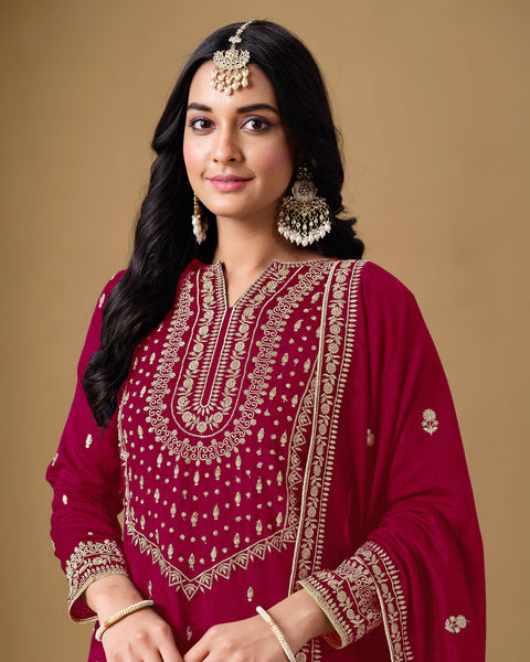 Magenta Art Silk Zari Embroidery Work Women Readymade Sharara Suit