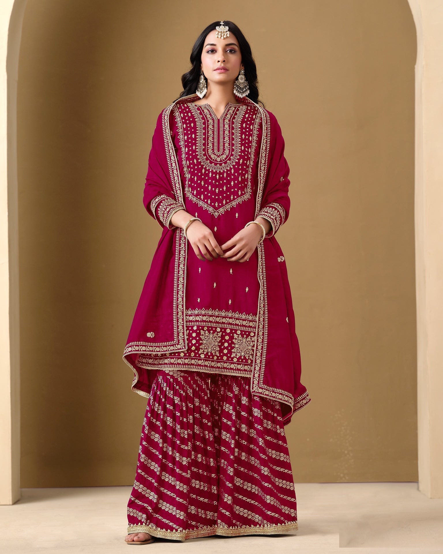Magenta Art Silk Zari Embroidery Work Women Readymade Sharara Suit