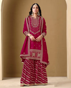 Magenta Art Silk Zari Embroidery Work Women Readymade Sharara Suit