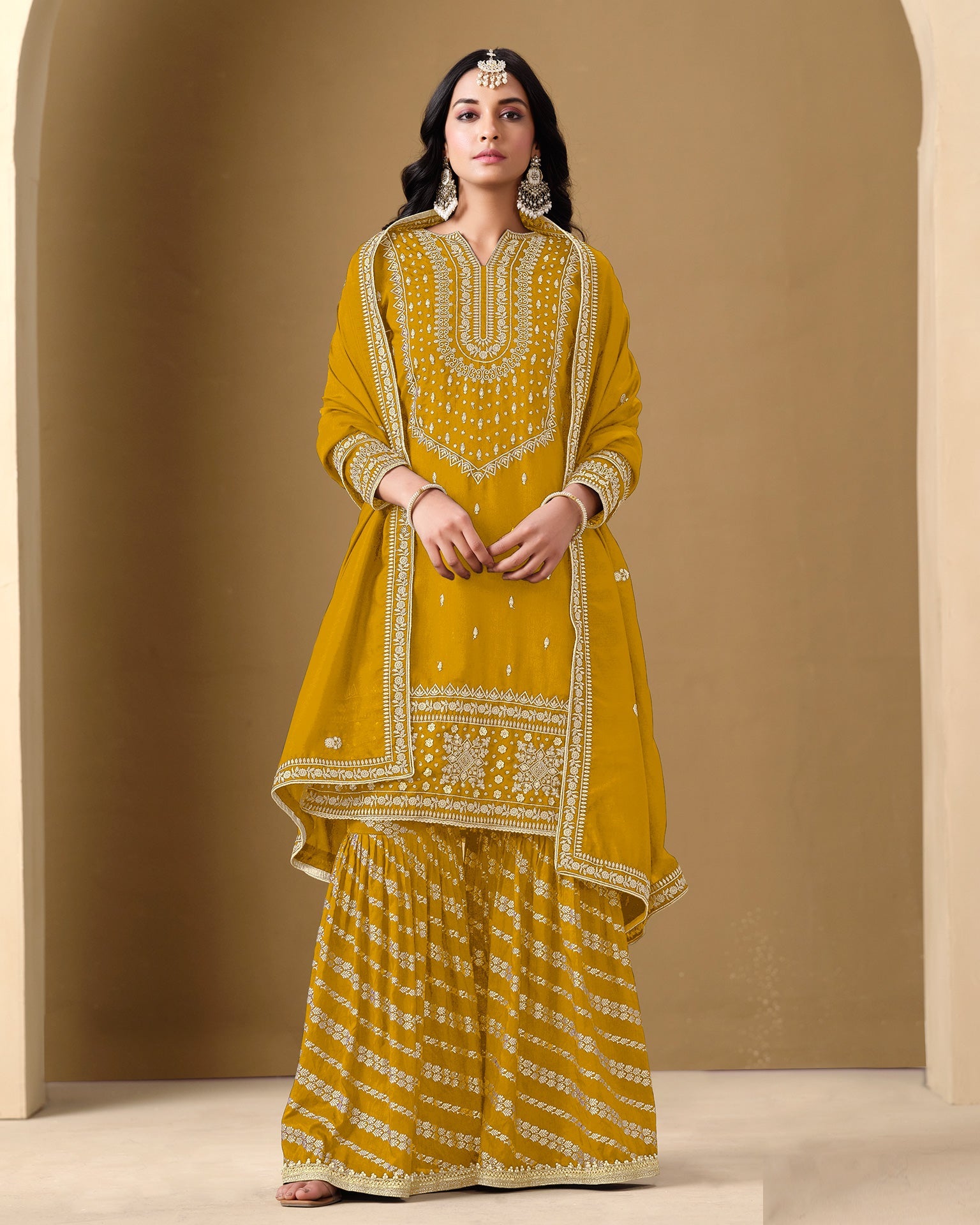 Yellow Art Silk Zari Embroidery Work Women Readymade Sharara Suit
