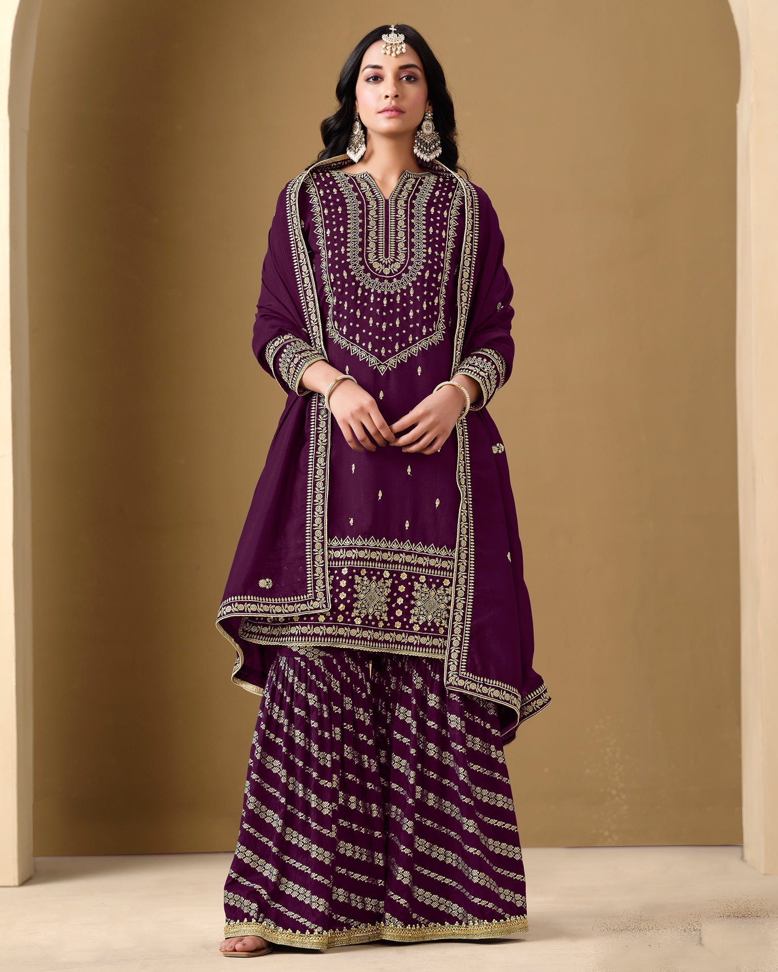 Purple Art Silk Zari Embroidery Work Women Readymade Sharara Suit