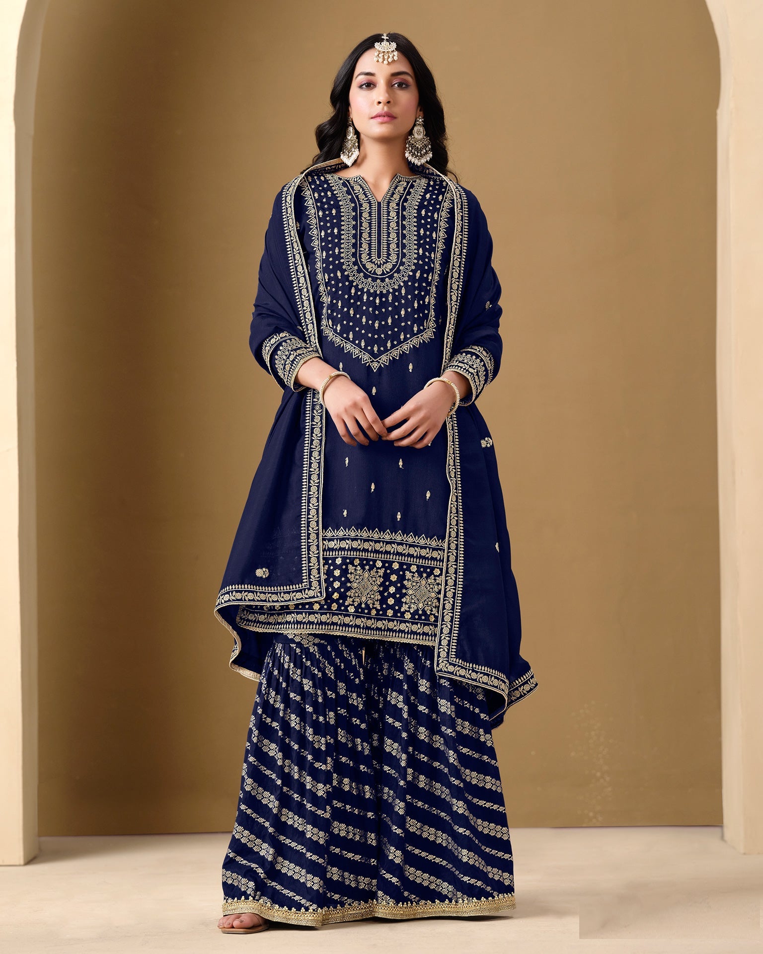 Blue Art Silk Zari Embroidery Work Women Readymade Sharara Suit