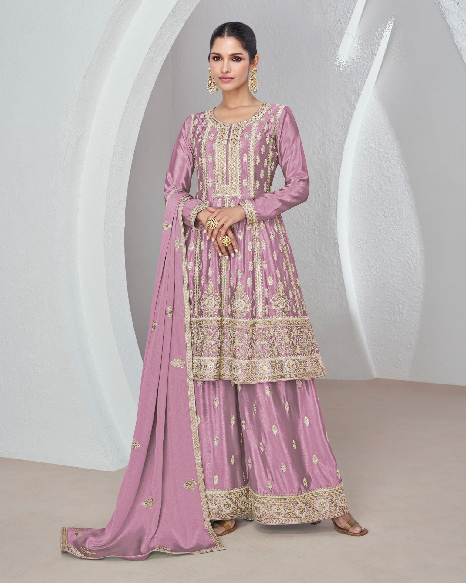 Lavender Chinnon Silk Readymade Frock Suit With Sequins & Zari Work &  Embroidered Palazzo & Dupatta