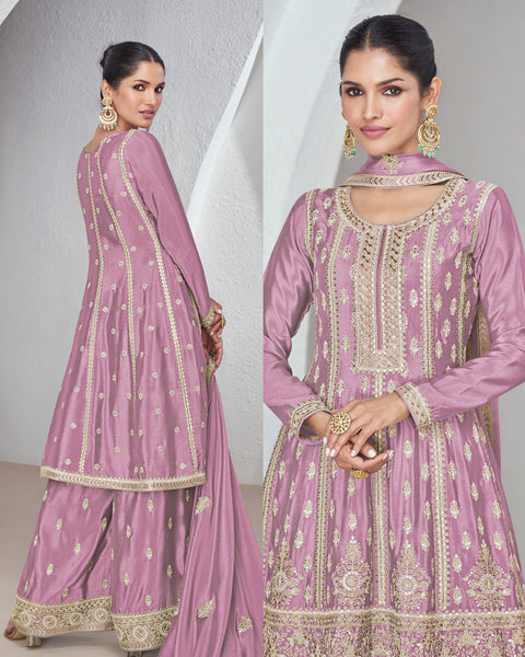 Lavender Chinnon Silk Readymade Frock Suit With Sequins & Zari Work &  Embroidered Palazzo & Dupatta