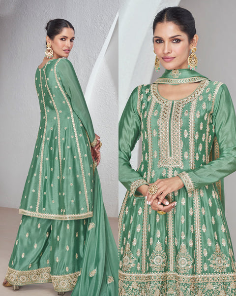 Green Chinnon Silk Readymade Frock Suit With Sequins & Zari Work &  Embroidered Palazzo & Dupatta