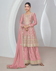 Pink Chinnon Silk Readymade Frock Suit With Sequins & Zari Work &  Embroidered Palazzo & Dupatta
