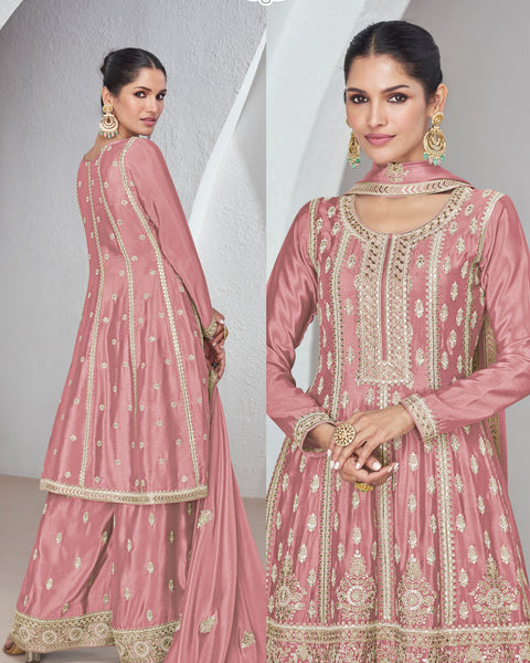 Pink Chinnon Silk Readymade Frock Suit With Sequins & Zari Work &  Embroidered Palazzo & Dupatta