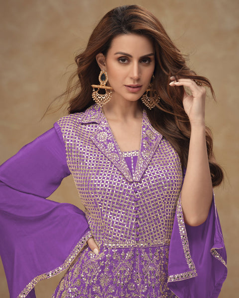 Purple Readymade CO-Ord Palazzo Suit For Woman In Chinnon Silk