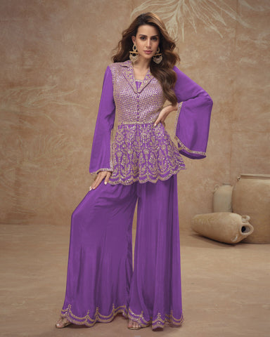 Purple Readymade CO-Ord Palazzo Suit For Woman In Chinnon Silk