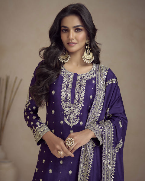 Purple Chinnon Silk Readymade Woman Palazzo Suit With Embroidered Dupatta