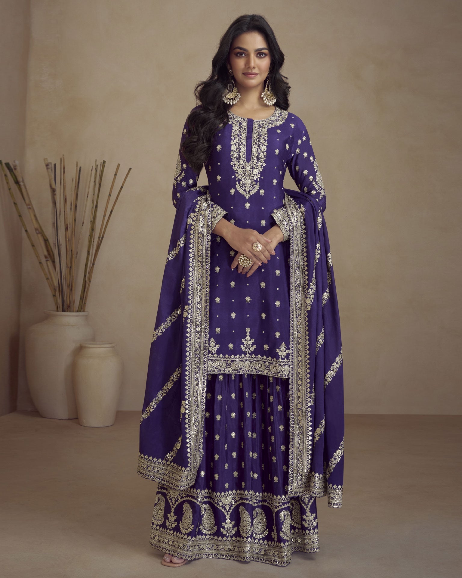 Purple Chinnon Silk Readymade Woman Palazzo Suit With Embroidered Dupatta