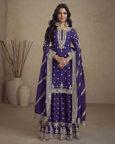 Purple Chinnon Silk Readymade Woman Palazzo Suit With Embroidered Dupatta
