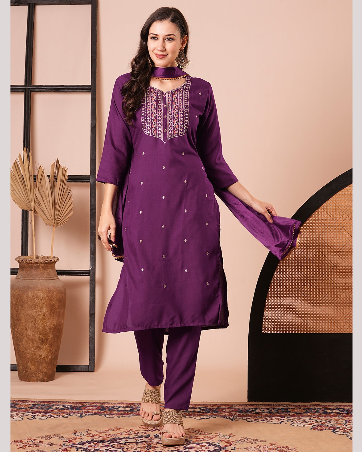 Purple Rayon Slub Embroidered Women Readymade Pant Suit With Chinnon Dupatta