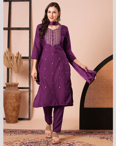 Purple Rayon Slub Embroidered Women Readymade Pant Suit With Chinnon Dupatta