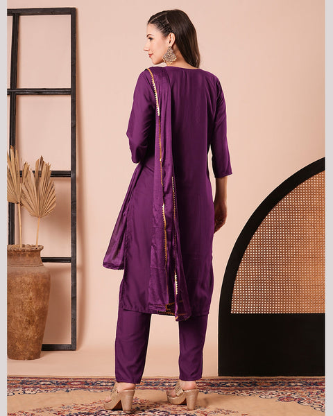 Purple Rayon Slub Embroidered Women Readymade Pant Suit With Chinnon Dupatta