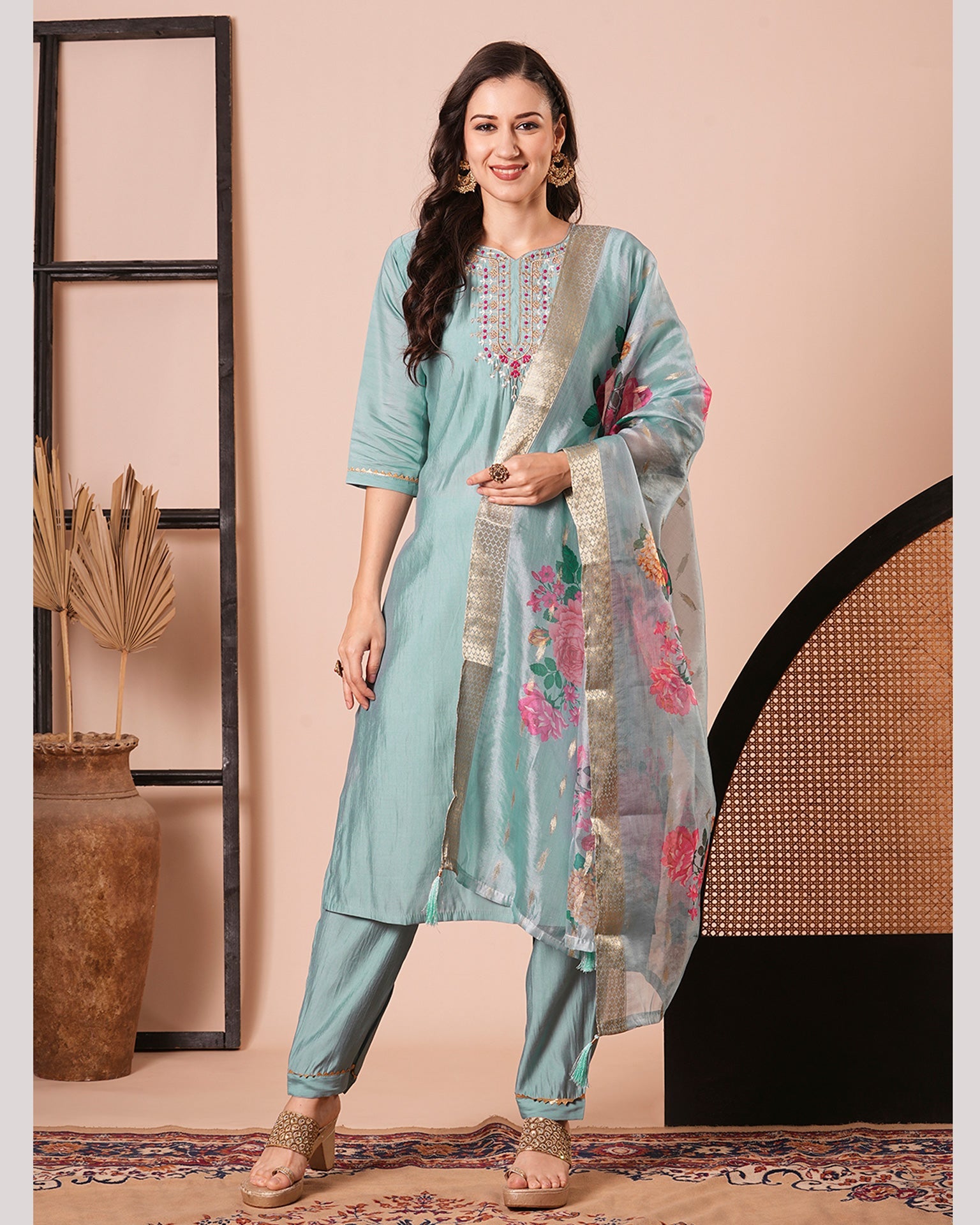 Sky Blue Viscose Chanderi Silk Embroidered Women Readymade Pant Suit With Printed Dupatta